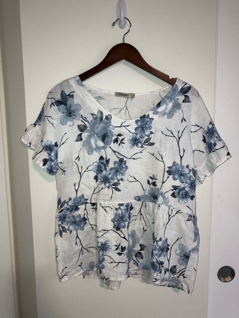 Lungo L'Arno Floral Linen Dolman Sleeve Crop Top Size S Blue White